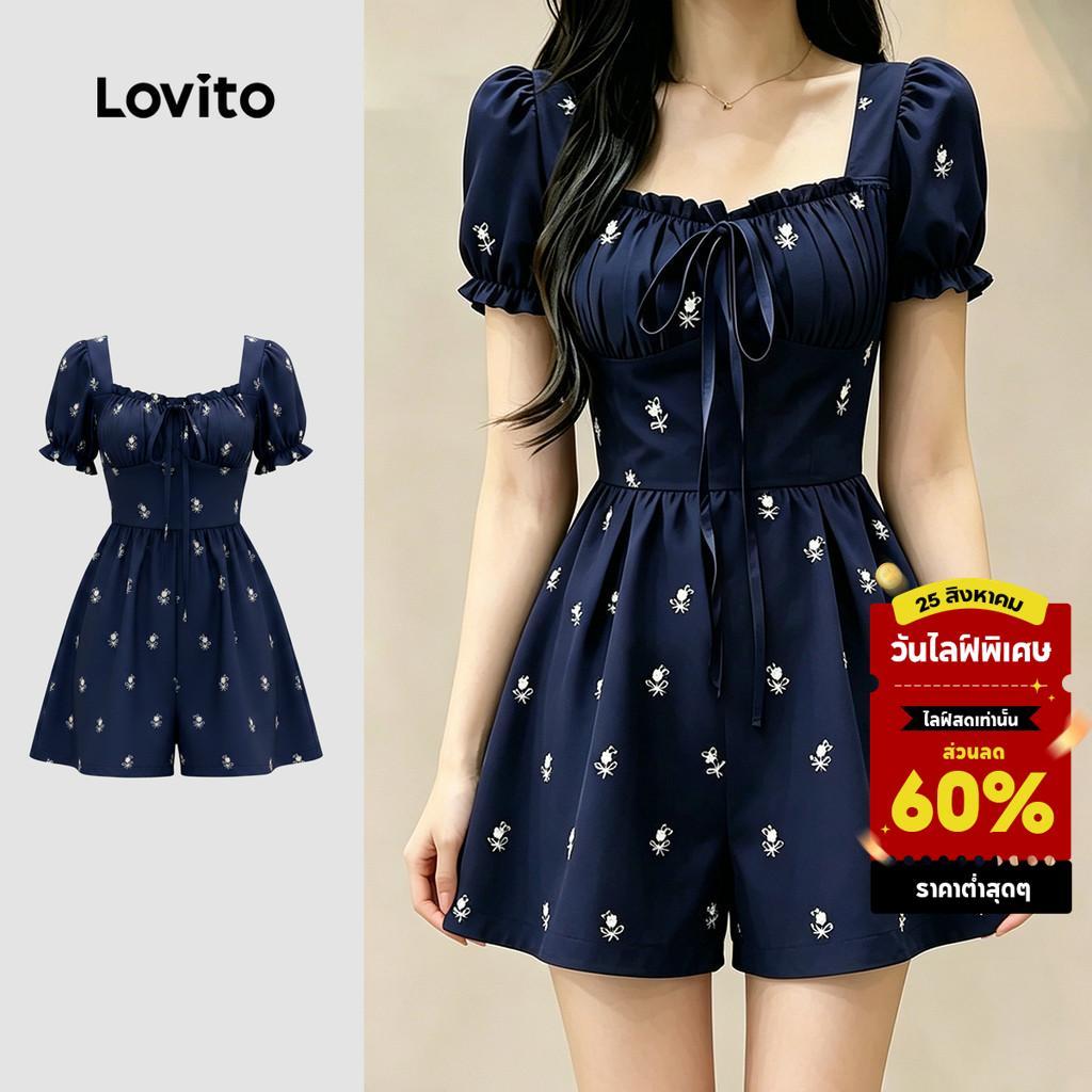 (New Arrival) Lovito จั๊มสูทลําลองสีน้ําเงินเข้ม โบว์ระบาย เหมาะสําหรับฤดูใบไม้ผลิ/ฤดูร้อนสําหรับผู้หญิง เกาหลี อินเทรนด์ LK7AD299
