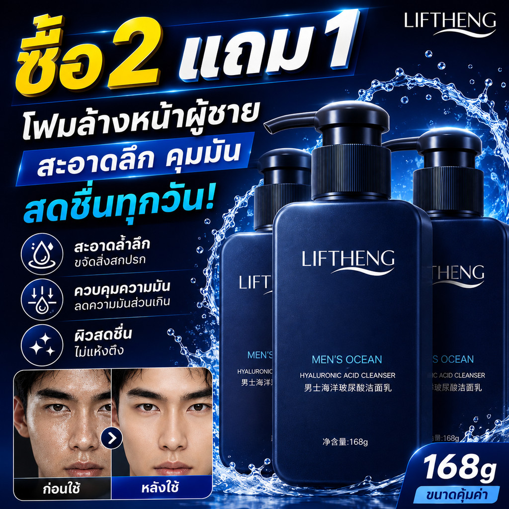 🔥ซื้อ 2 แถม 1🔥 LIFTHENG โฟมล้างหน้าผู้ชาย 168g คุมมัน ทำความสะอาดล้ำลึก เติมความชุ่มชื้น ผิวสดชื่น
