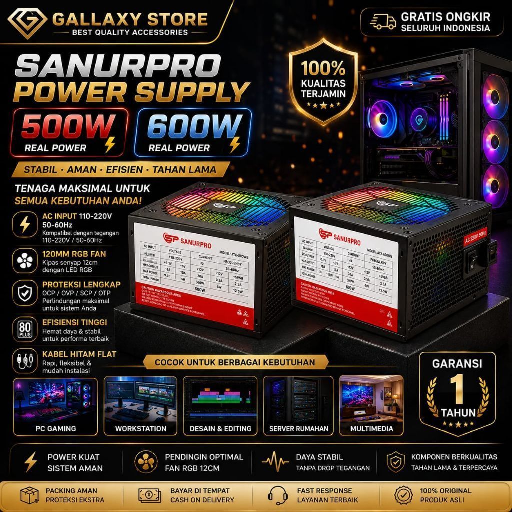 SANURPRO POWER SUPPLY 500W 4 PIN FAN 12CM 600W RGB 4+4 PIN FAN 12CM
