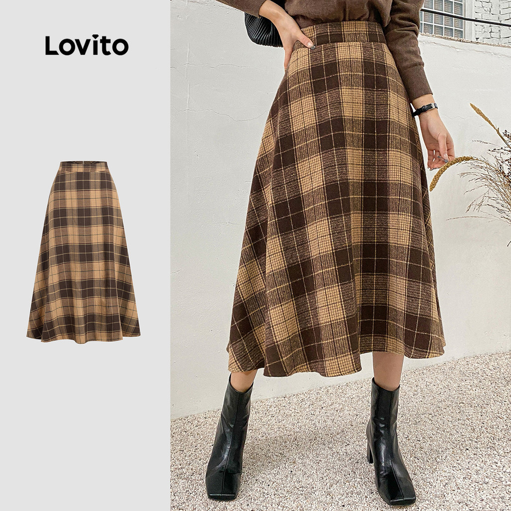 Lovito กระโปรงผู้หญิงสีน้ําตาลมีซิป สง่างาม สําหรับฤดูใบไม้ร่วง/ฤดูหนาว LBL36159