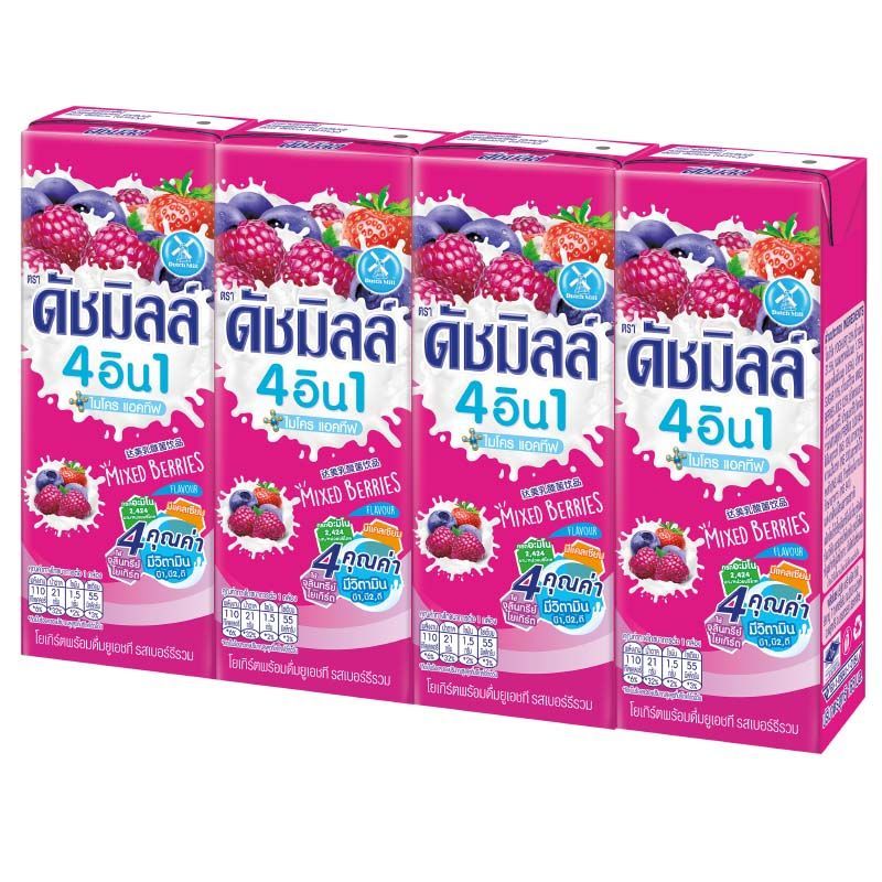 ดัชมิลล์นมเปรี้ยวยูเอชทีรสเบอร์รี่รวม4ชนิด 165มล. แพค 4 DutchMill UHTMixedBerry X4 [หมายเลขบาร์โค้ด 8853002302045]