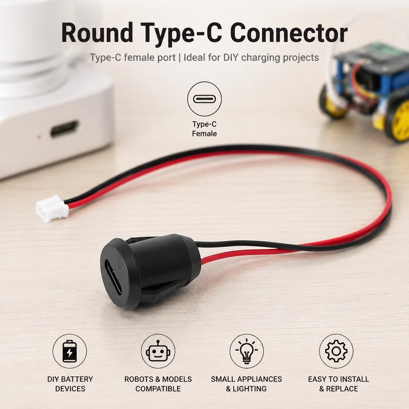 แบบกลม ซ็อกเก็ต USB-C ตัวเมีย 5V 3A แจ็ค USB-C ตัวเมีย พร้อมสาย PH2.0 2 พิน สำหรับประกอบวงจรและอุปกร