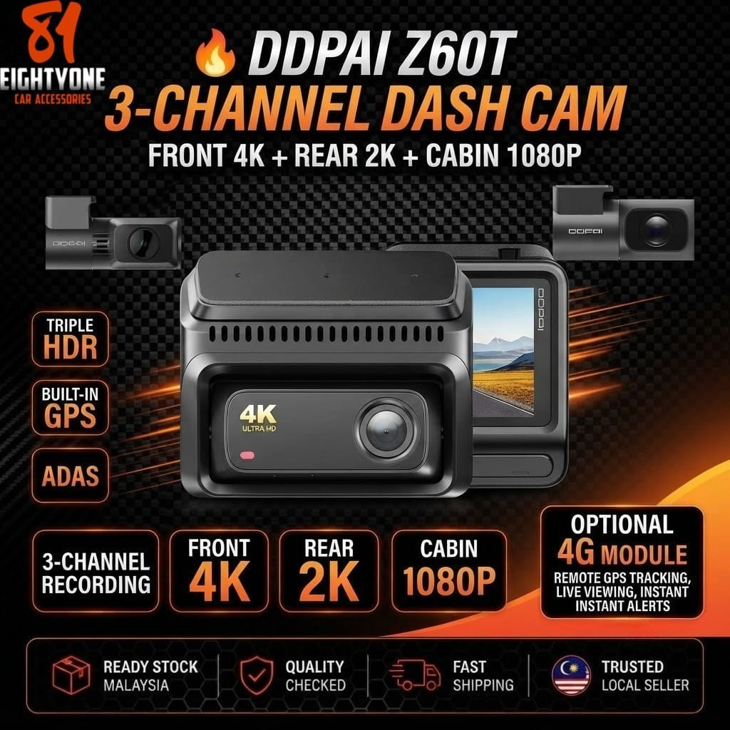 DDPAI Z60T Dash Cam 3 ช่อง | GPS ในตัว + ADAS Smart Driving Assistance และตําแหน่งแบบเรียลไทม์