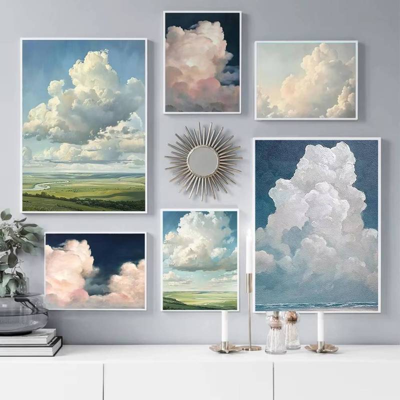 บทคัดย่อ Minimalist ขนาดใหญ่เมฆสีขาวและ Blue Sky ภูมิทัศน์ศิลปะโปสเตอร์ผ้าใบพิมพ์ภาพจิตรกรรมฝาผนังห้องนั่งเล่นห้องนอนตกแต่งบ้าน
