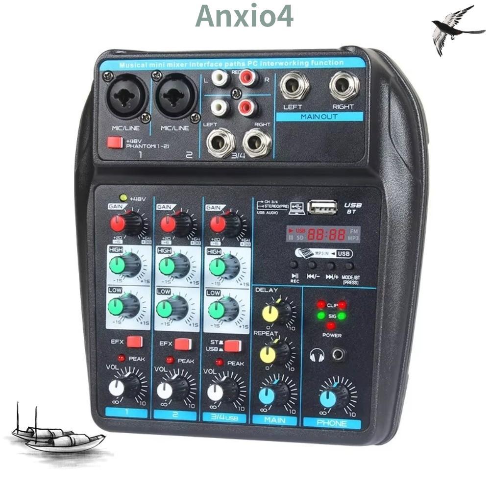 ANXIO4 DJ Console Mixer, 48V Phantom Power 4 Channel Audio Mixer, Portable Monitor Karaoke System Bl