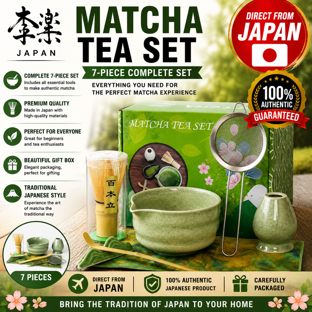 "Complete Matcha Set - 7 Piece Tea Ceremony Essentials for Beginners - Includes Matcha Bowl, Whisk, 