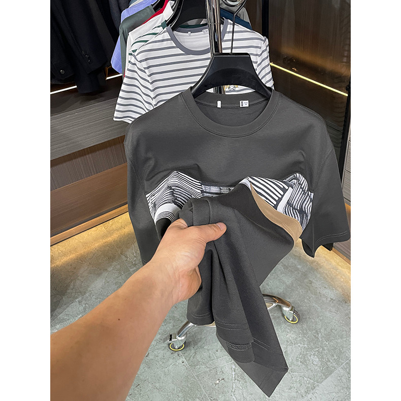 H Bid คงสั่งซื้อ!84 ผ้าฝ้ายเย็บออกแบบเสื้อยืดแขนสั้นผู้ชายฤดูร้อนรอบคอตัดป้ายครึ่งแขน