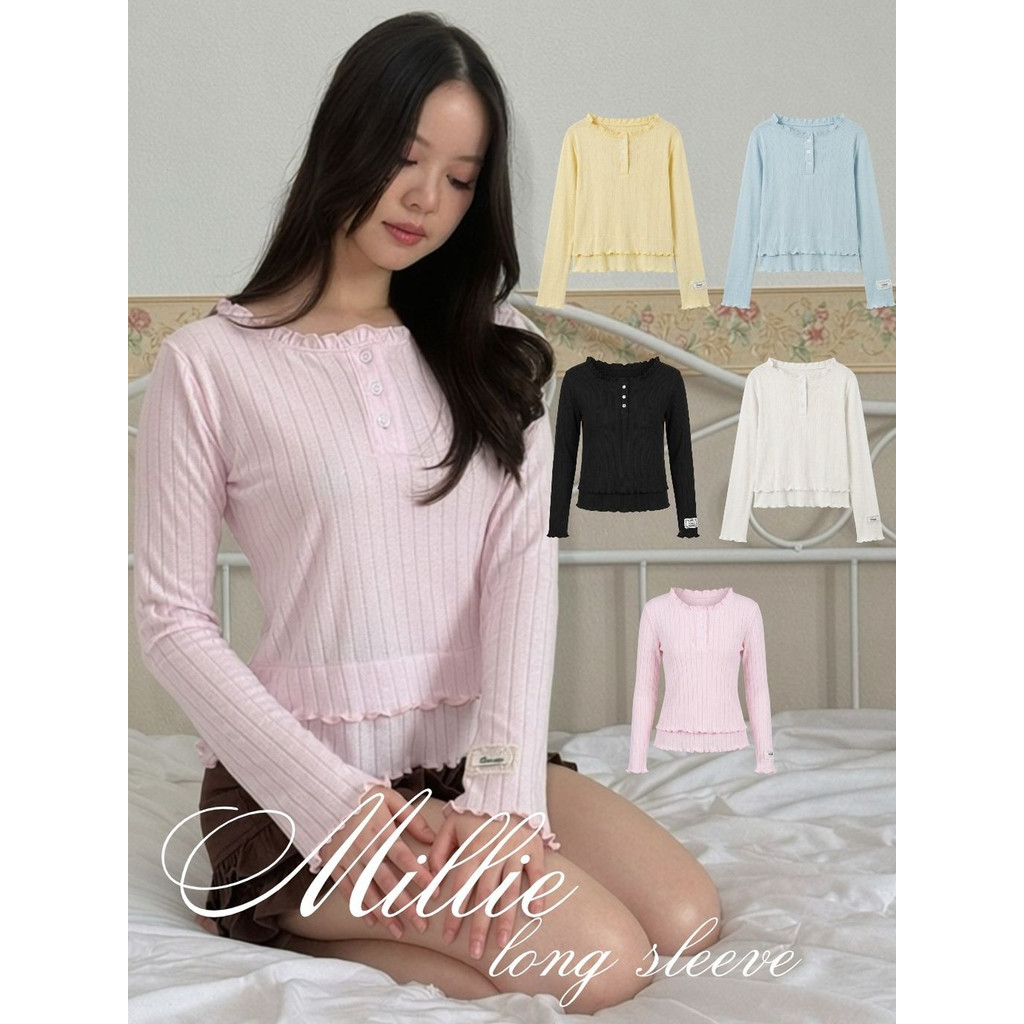 [สีใหม่เข้าเเล้ว! ผ้าคนละลาย)] Mille long sleeve เสื้อแขนยาวผ้าร่องยืดลายฉลุ | dressylismm