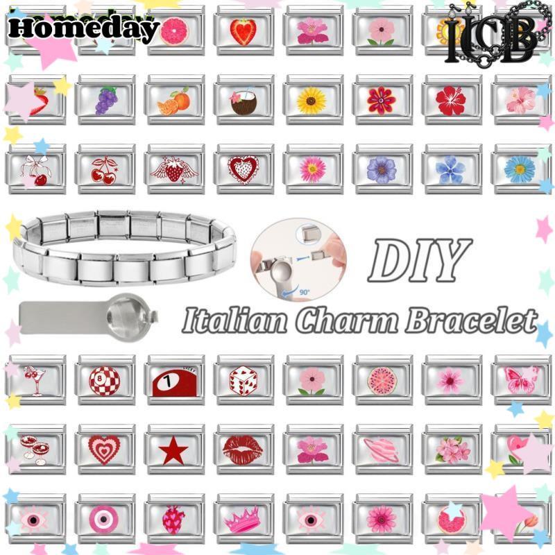 สร้อยข้อมือ charm แบบลิงค์ ออกแบบสไตล์อิตาเลียน ลายดอกไม้และผลไม้ สำหรับทำเอง (DIY) สไตล์เรโทร