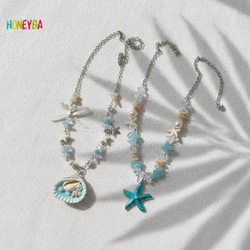 <Honeyba>Hoallergenic Ocean Themedปลาดาว Shell Pearl Nelace Skin Friendly Jewelry for Sensitive Skin