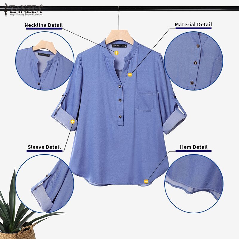 ZANZEA เสื้อเบลาส์กระเป๋าแขนยาวคอวีแฟชั่นเกาหลีสําหรับผู้หญิง — صورة 7