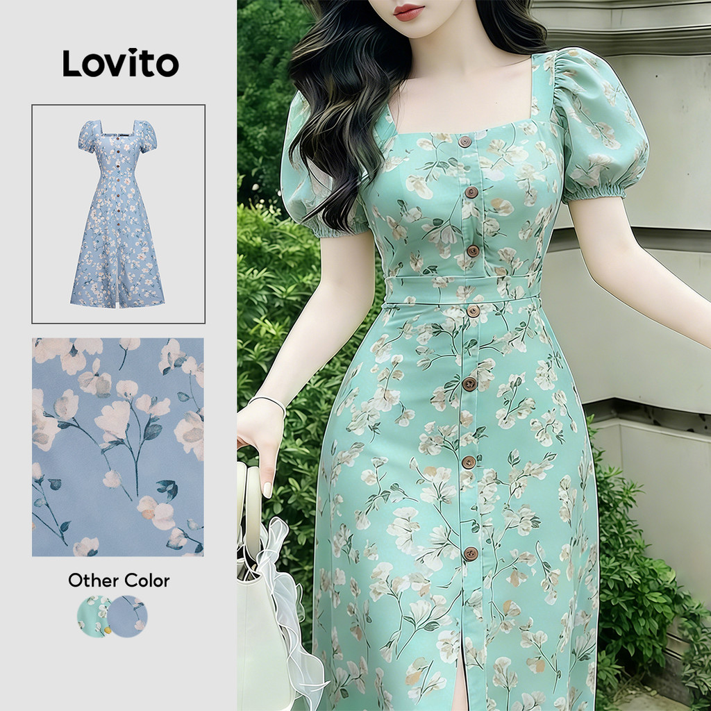 Lovito โบโฮ เดรสติดกระดุมด้านหน้า มีซิป เดรสสีเขียวสําหรับฤดูใบไม้ผลิ/ฤดูร้อนสําหรับผู้หญิง LK5ED470