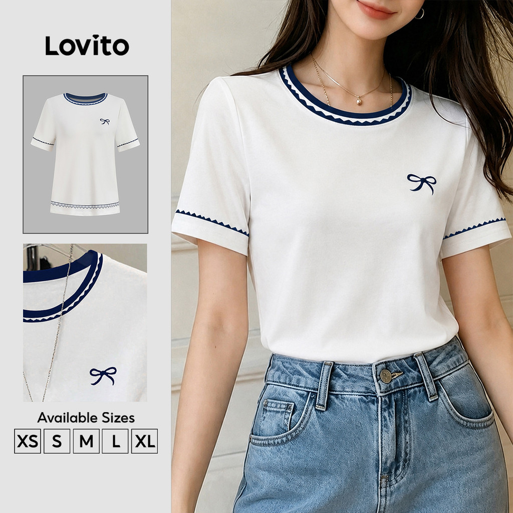 Lovito เสื้อยืดลําลองผู้หญิง ผูกโบว์ คอนทราสต์ สีขาวงาช้าง สําหรับฤดูใบไม้ผลิ/ฤดูร้อน L196ED737