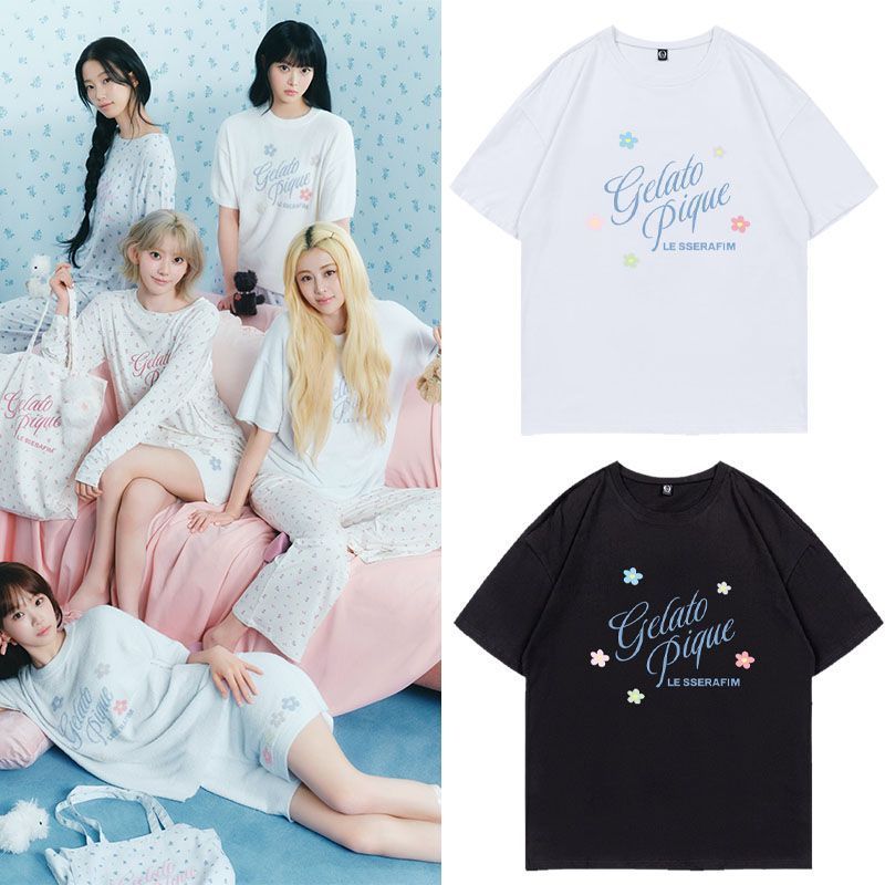 Kpop LE SSERAFIM Gelato Plque รอบคอผ้าฝ้าย T แขนสั้น Casual Top Man/ผู้หญิงเสื้อคู่สั้น