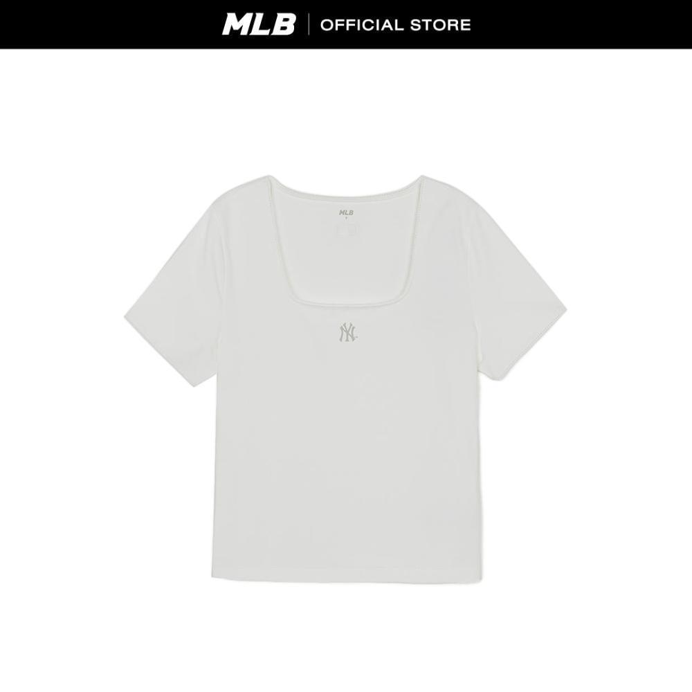 MLB เสื้อยืด ผู้หญิง Basic Lace Square Neck Slim Semi Crop T-Shirts รุ่น 3FTSB5263 50WHS สีขาว