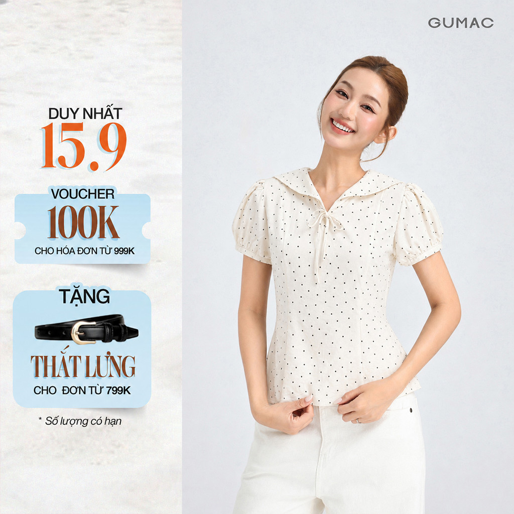 เสื้อ Peplum ผู้หญิง เช้า - ปลอกคอกะลาสีแขนพัฟ GUMP พร้อมโบว์ ผู้หญิงทันสมัย YAG06042