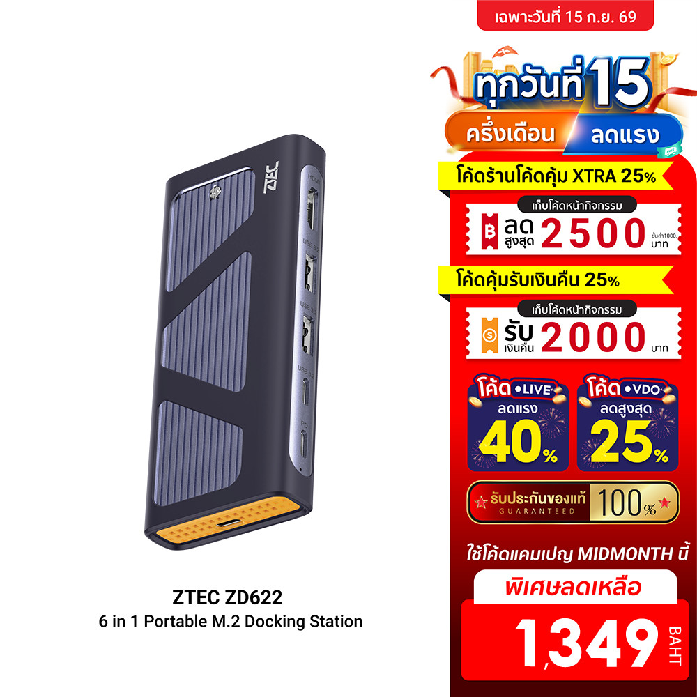 [ลดเหลือ 1349] ZTEC ZD622 6 in 1 USB-C 10Gbps รองรับ M.2 NVMe & SATA , HDMI 4K , USB 3.2 Gen 2 10Gbp