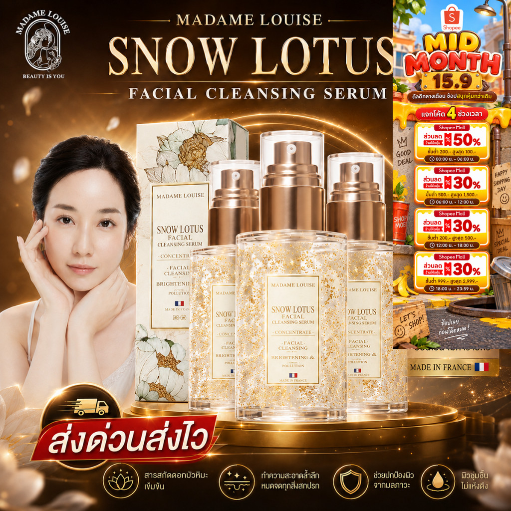 (ส่งด่วนในวัน) Madame Louise Snow Lotus 24K Gold Cleansing Serum (3หลอด) เซรั่มล้างหน้า ผิวชุ่มชื้น หน้าไม่แห้งตึง