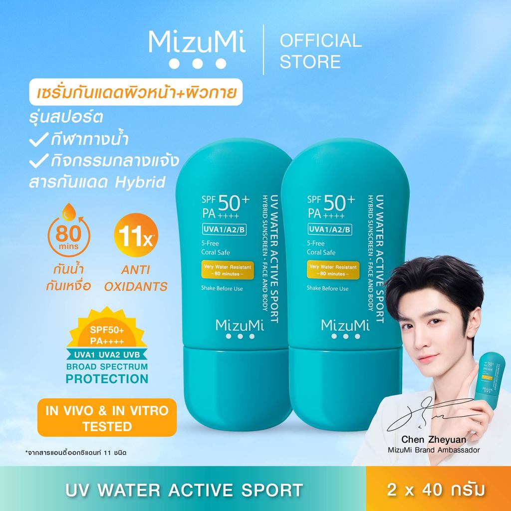 [แพ็คคู่] [สูตรอัพเกรด ไม่แสบตา เนื้อบางเบา] MizuMi UV Water Active Sport 40g กันแดดกันน้ำคุมมัน กัน