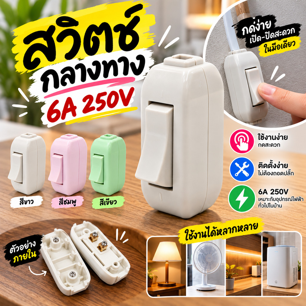 (1 ชิ้น สุ่มสี) Vena Matsukami สวิตช์กลางทาง / กระดิ่ง รุ่นใหม่ คละสี 2A / 6A 220V (สุ่มสี ชมพู เทา)