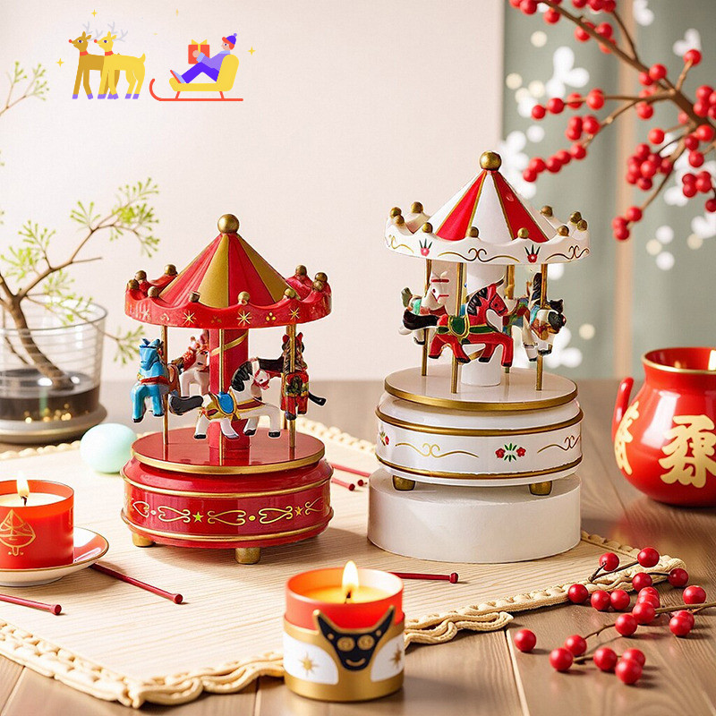 Carousel Horses กล่องดนตรีน่ารักคริสต์มาสไม้เดสก์ท็อปตกแต่งการ์ตูนของเล่นเด็ก