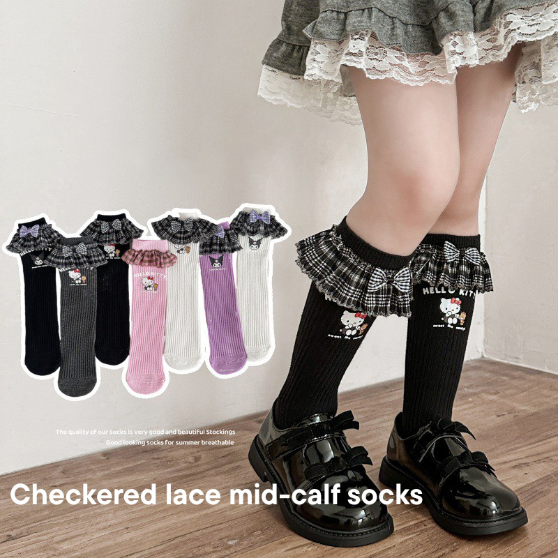 ถุงเท้าลูกไม้ญี่ปุ่น Kuromi Hello Kitty ลาย.Trim และ Bow เหมาะสำหรับเด็กหญิง อายุ 3-10 ปี