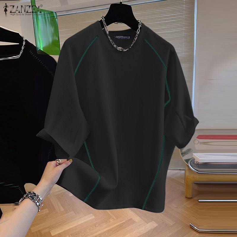 ZANZEA เสื้อยืดหลวมแขนสามส่วนสไตล์คอลูกเรือ สำหรับสตรี ราคา ถูกที่สุด ดีลบีเคเค แกลเลอรีภาพที่ 5