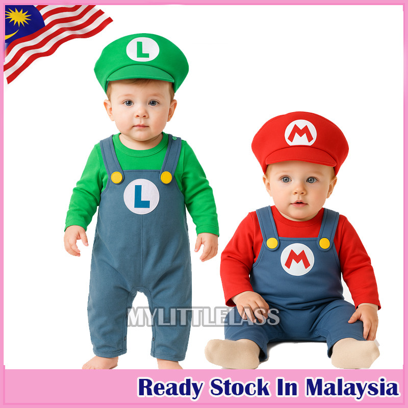 MYLITTLELASS Baby Mario & Luigi ชุดเครื่องแต่งกายเด็กทารกการ์ตูนตัวอักษร Romper พร้อมหมวก
