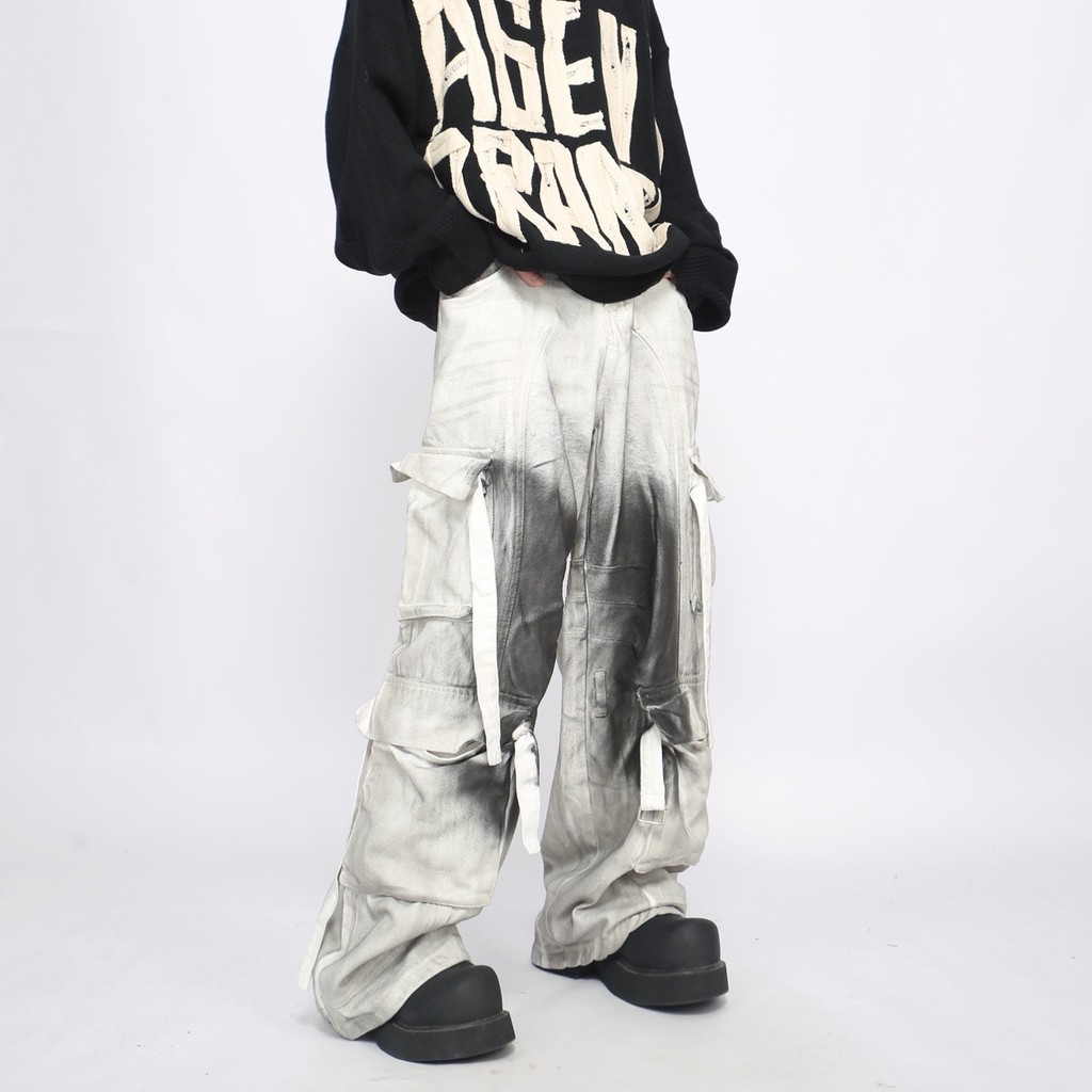 Mz American High Street Heavy Industry Splashing Ink Dirty Multi-pocket Overalls Men Loose Straight 