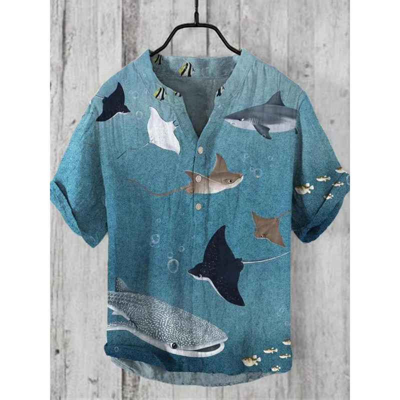 เสื้อเชิ้ตผู้ชายพิมพ์ลายลินิน เสื้อฮาวายสำหรับแต่งตัวแบบ STREET FASHION