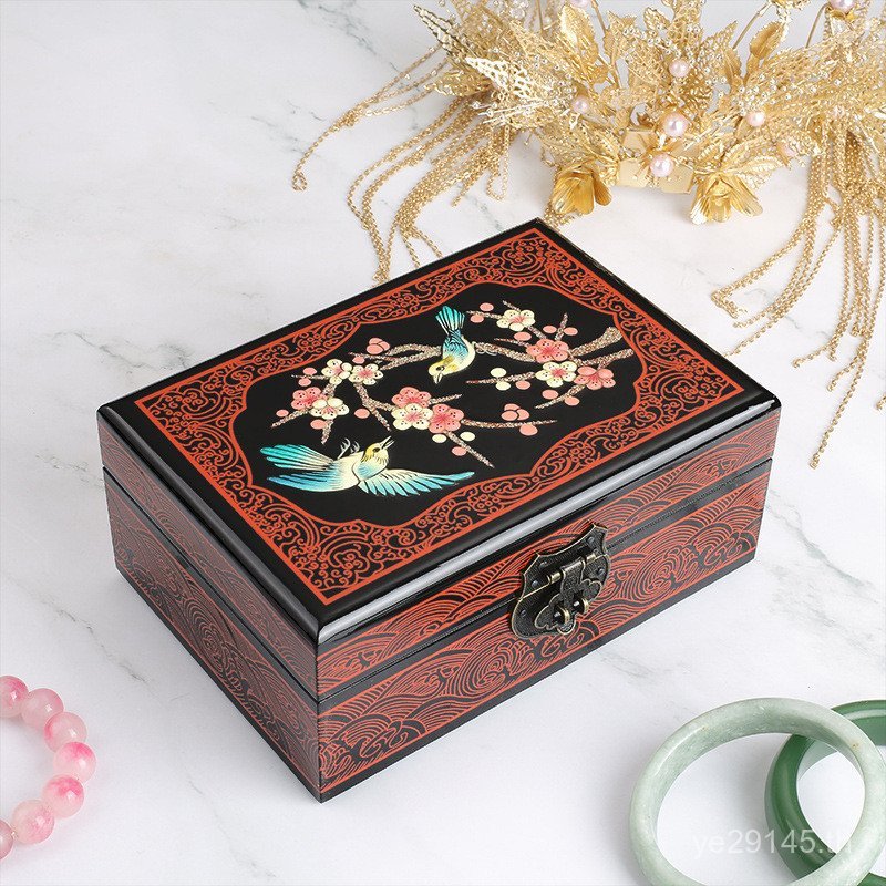 กล่องเก็บของ Pingyao Retro แฟนสามทองกล่องเครื่องประดับงานแต่งงาน Push Lacquerware กล่องโบราณมือกล่อง