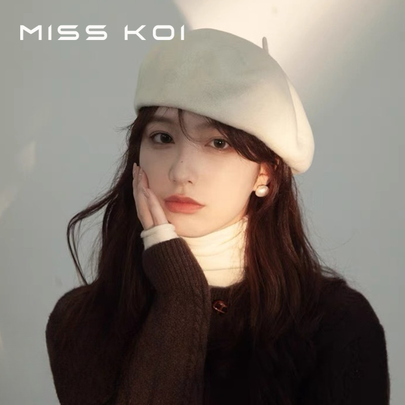 MISSKOI Beret สาวฤดูใบไม้ร่วงฤดูหนาว All-Match ขนสัตว์เกาหลีสไตล์ญี่ปุ่นวรรณกรรม Retro จิตรกรหมวกอังกฤษสีทึบ Beret