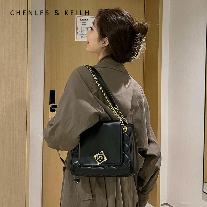 CHENLES & KEILH ต้นสีส้ม High-End กระเป๋าโซ่เพชรฤดูร้อนขนาดใหญ่-ความจุ Commuter ไหล่ Messenger หญิงก