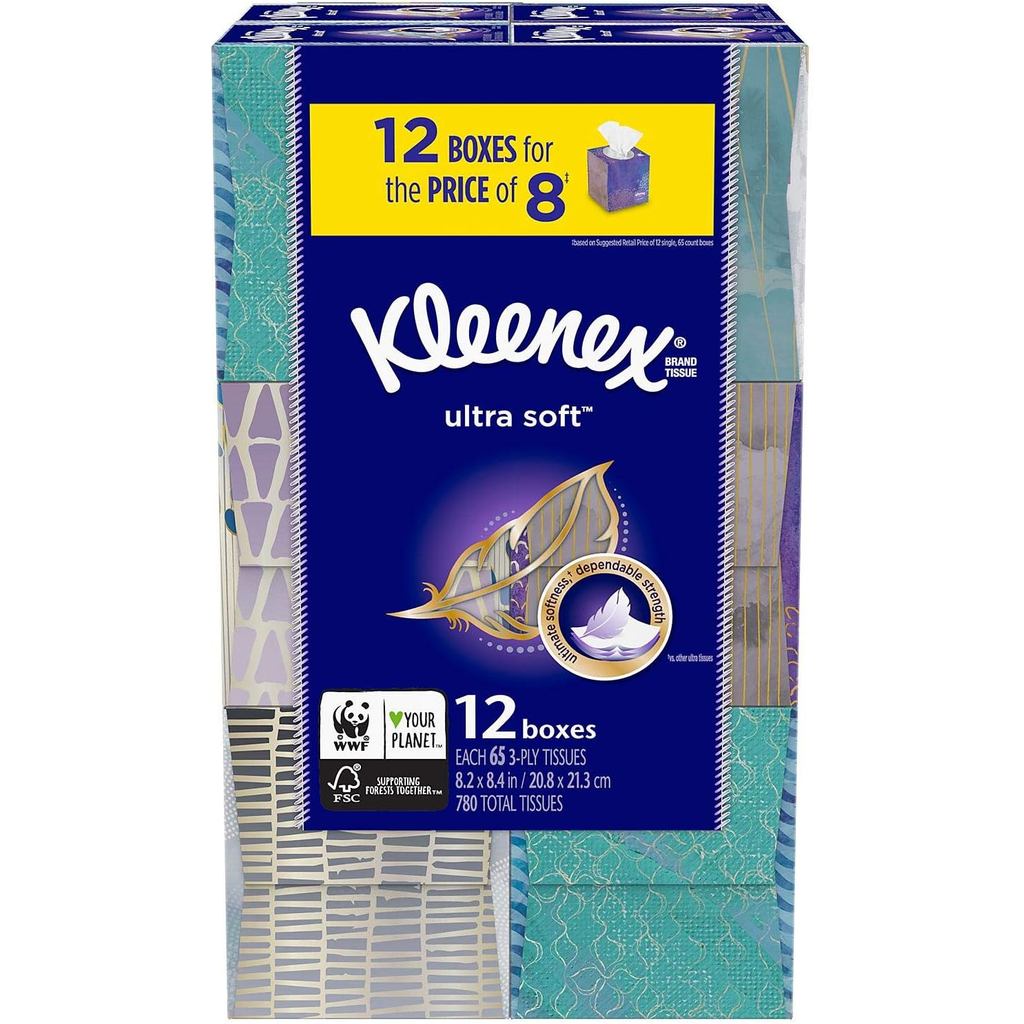 กระดาษเช็ดหน้า Kleenex Ultra Soft - กล่องคิวบ์ (12 แพ็ค 65 ทิชชู่)