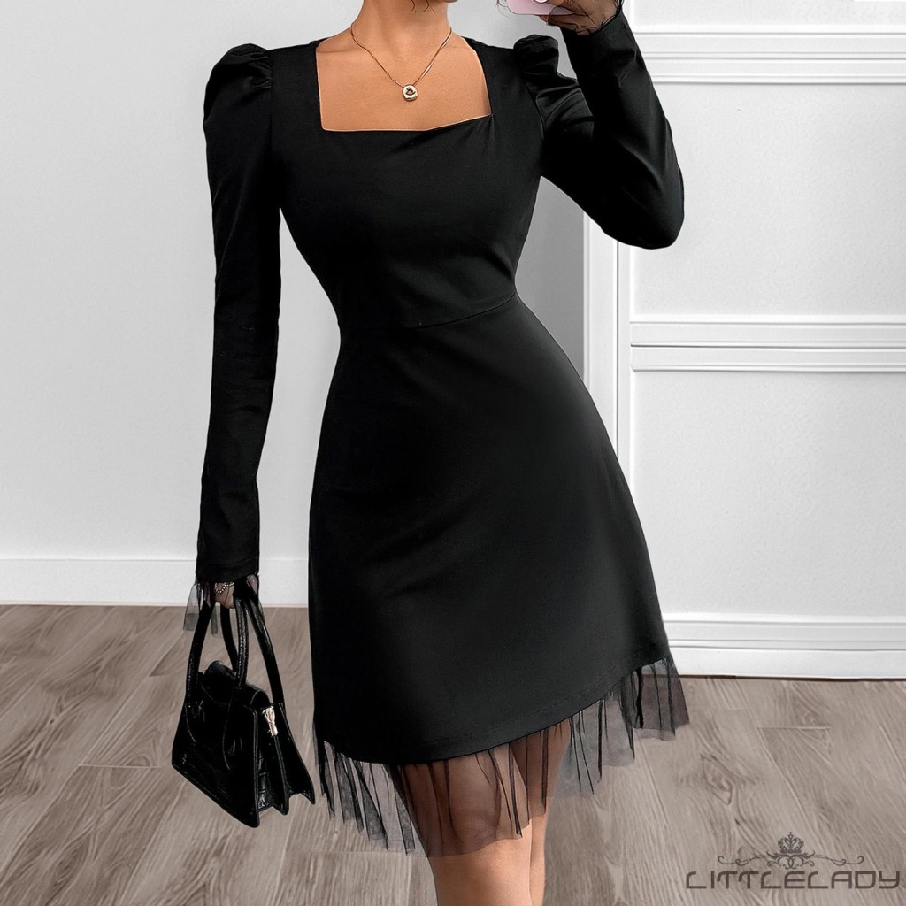 LTL-Women Tulle ปะติดปะต่อ ชุดกระโปรงยาวเข่า แขนยาว คอสี่เหลี่ยมสีดำ