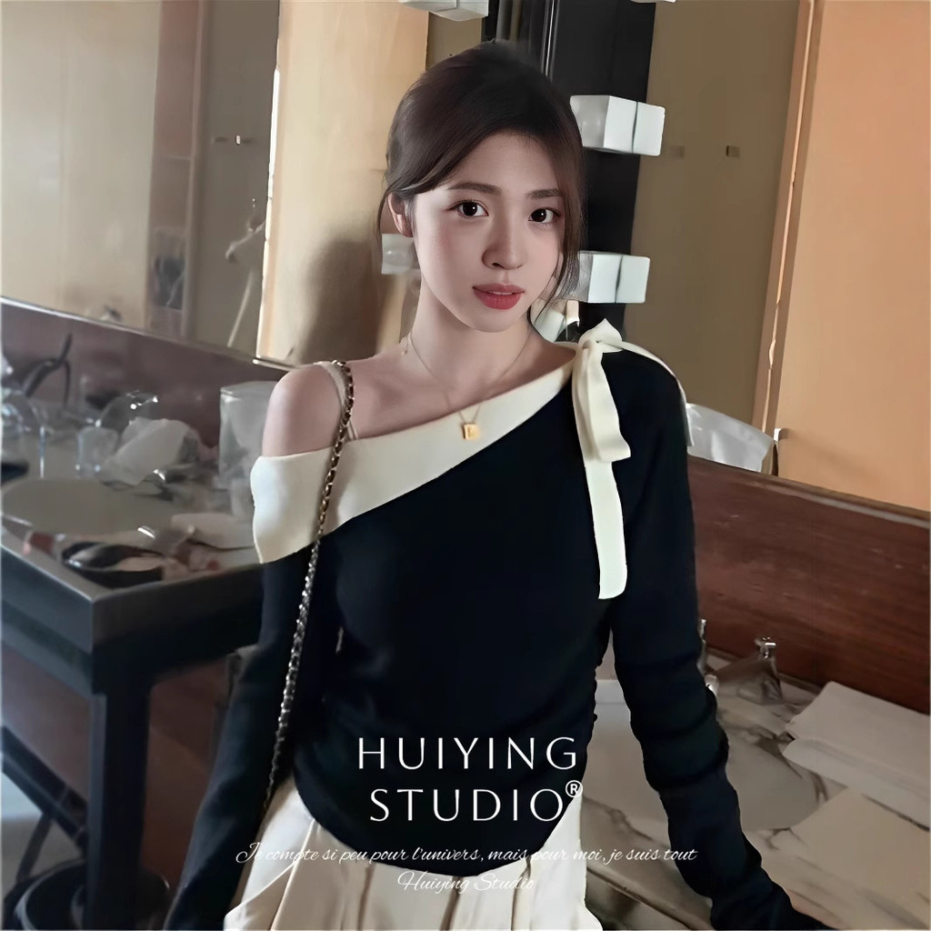 ALK6 6185#法式绝美黑色斜肩露肩针织上衣女秋季新款内搭打底衫小众