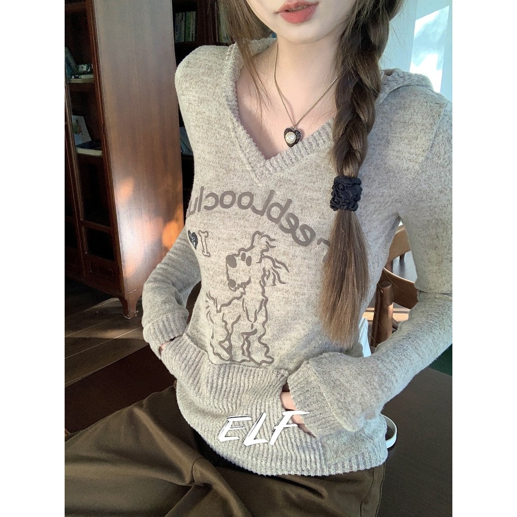 เสื้อฮู้ดลําลองสําหรับสตรีแขนยาวและพิมพ์ลายลูกสุนัขน่ารัก