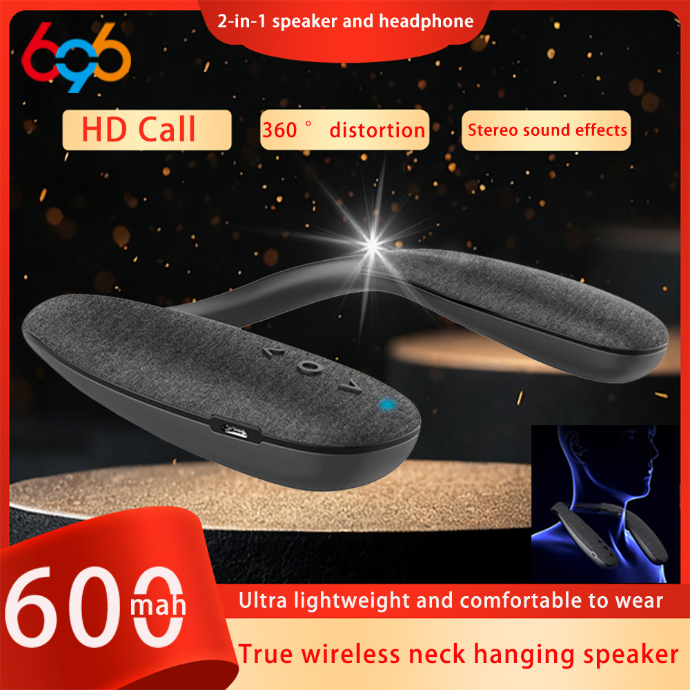 แขวนคอไร้สายสีฟ้าฟันลําโพงแบบพกพาสวมใส่ซับวูฟเฟอร์สเตอริโอคอลําโพงพร้อมไมโครโฟนสําหรับเล่นเกมเดินทาง