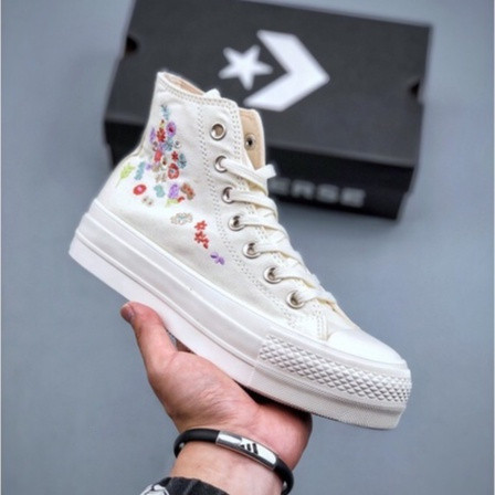 Converse/Converse All Star Lift รองเท้าผ้าใบลําลองคุณภาพสูงปักดอกไม้ขนาดเล็ก 36-44