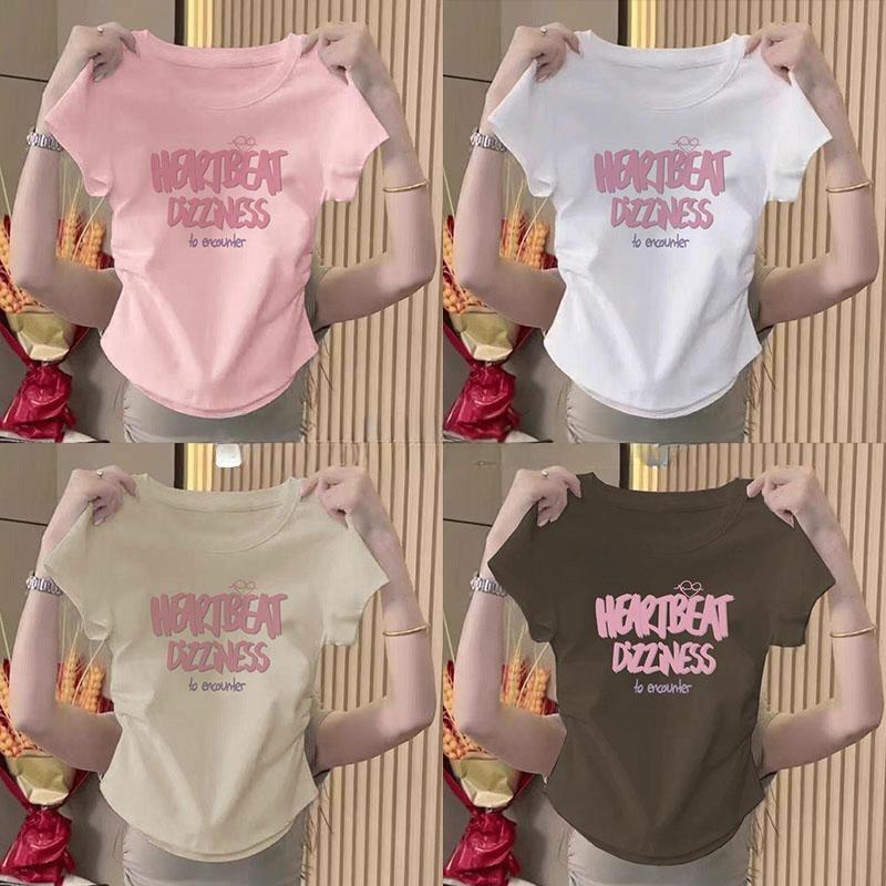 [จัดส่งจากกรุงเทพฯ] เสื้อยืดผู้หญิง (S-XL) หลากหลายไซส์และสี แขนสั้นทรงเข้ารูปพิมพ์ลายตัวอักษร สไตล์ฤดูร้อนใหม่สำหรับสาว