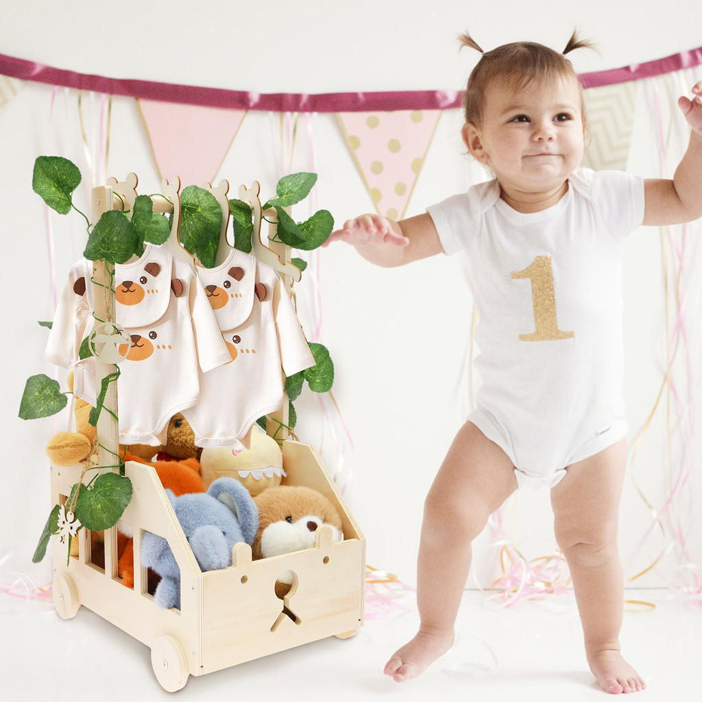 DIY Baby Shower Crate ตู้เสื้อผ้าพร้อมที่จับไม้ที่ไม่ซ้ํากันเด็ก Hamper ตะกร้า Angel Tag Greenery แข