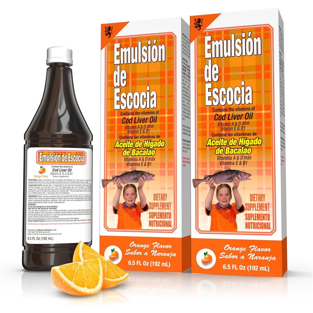 Emulsi Carn de Escia Cod Liver Oil Complex มีวิตามิน A, D, E, B1-ผลิตภัณฑ์เสริมอาหารรสส้มธรรมชาติ, ใ