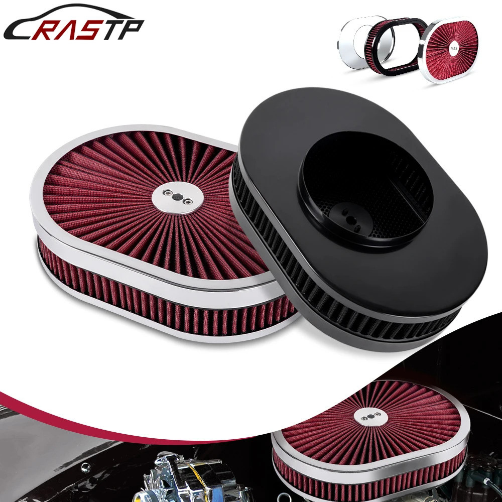 High Flow Chrome 12 "x2 "รูปไข่ Air Cleaner Filter Assembly 5-1/8" Carb คอ W/กระแสเงินสด-thru ฝาปิดส