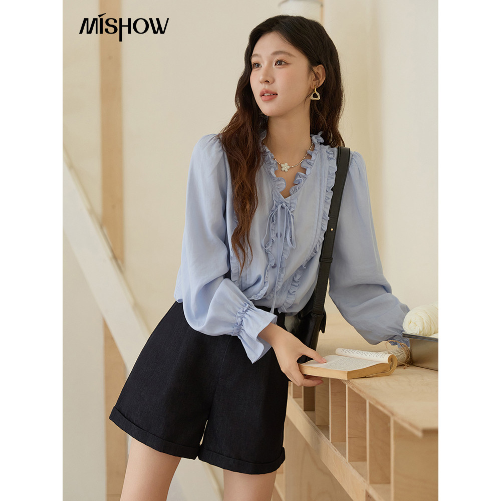 เสื้อผู้หญิง MISHOW Tencel ฤดูใบไม้ร่วง-หนาว 2025 สไตล์ใหม่ แขนยาว พร้อมเชือกลace-up