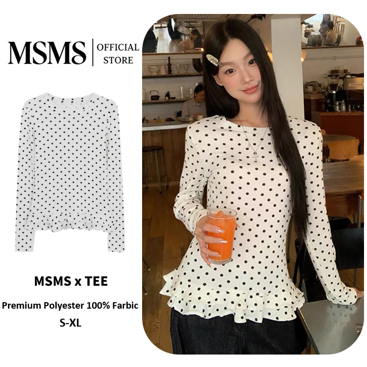 Polka Dot Ruffle Long Tee เสื้อยืดแขนยาวลายจุดผู้หญิง คอกลมทรงกระชับปลายฟริลล์ ผ้าบางระบายอากาศ สไตล์เกาหลีหวาน Size S-XL