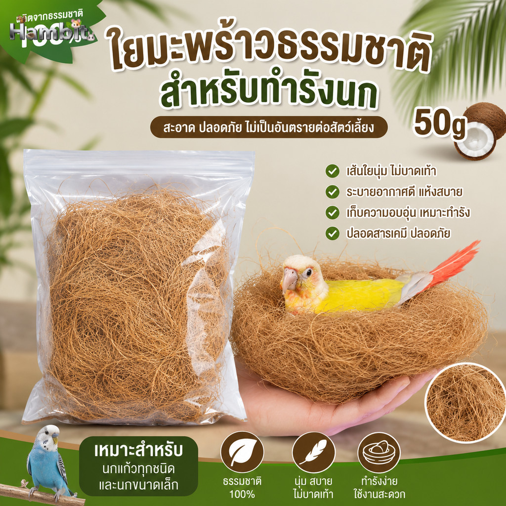 Hambit. ใยมะพร้าวธรรมชาติ สำหรับทำรังนก นุ่ม ไม่บาดเท้า สะอาด ปลอดภัย (ขนาด 50g)