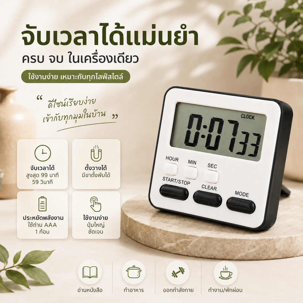 ตัวจับเวลาทำอาหาร นาฬิกาจับเวลาถอยหลัง พร้อมเสียงปลุก สำหรับครัว อบขนม เรียน - S00126