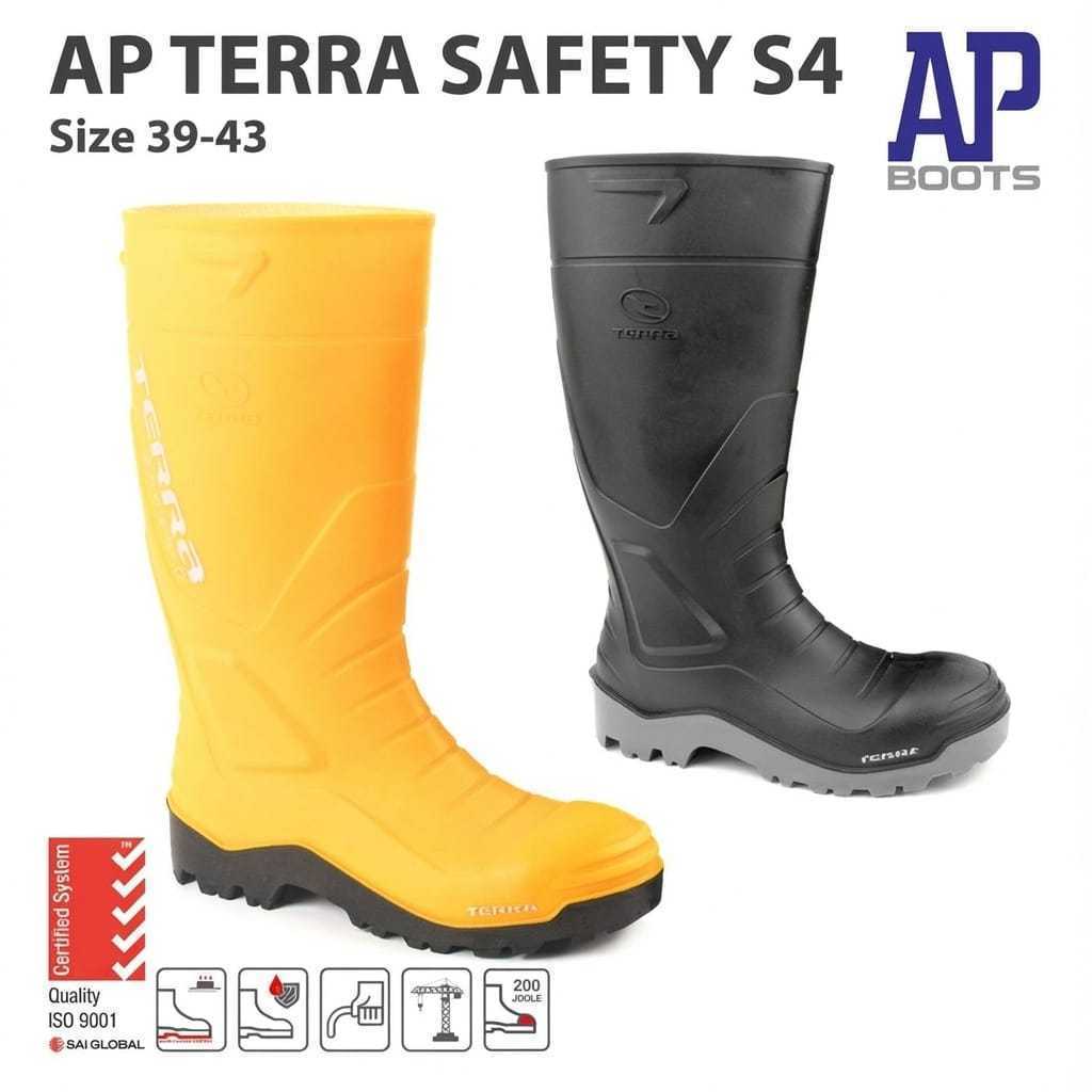 AP TERRA SAFETY S4 39-43 YELLOW & BLACK - RUBBER SAFETY BOOTS - AP BOOTS TOE CAP IRON - AP BOOTS