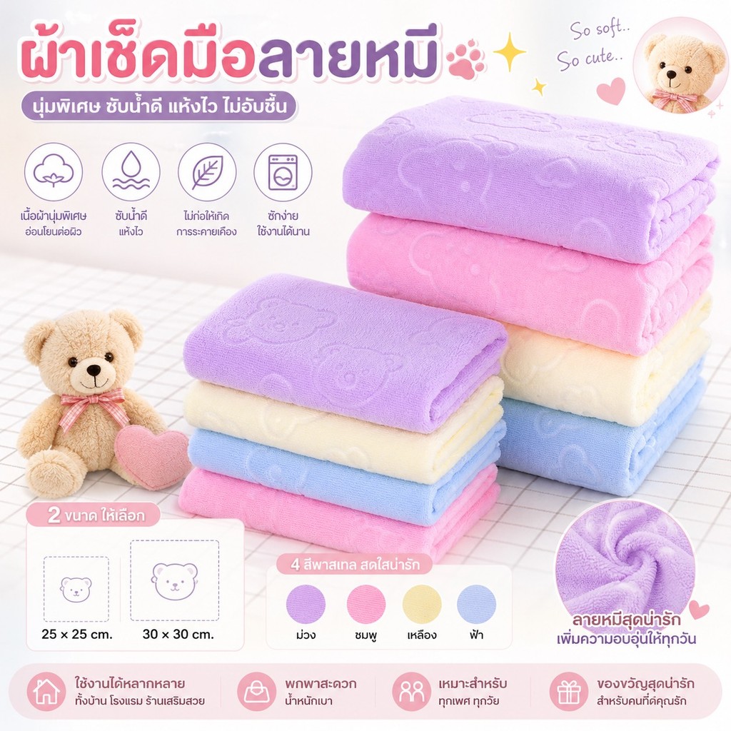 365mallshop (ร้านไทย) (BSD34) ผ้าเช็ดมือลายหมี（คละสี)เช็ดจาน เช็ดทำความสะอาดได้อเนกประสงค์ ซับน้ำดีมาก