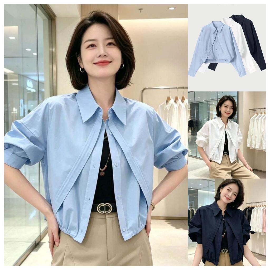 Chili Koko เสื้อเชิ้ตผู้หญิงครอป แขนยาว ทรงโอเวอร์ไซซ์ ใส่คลุมได้ เสื้อบางสไตล์เกาหลี ลุคทำงาน เรียบหรูใส่ได้ทุกวัน w752